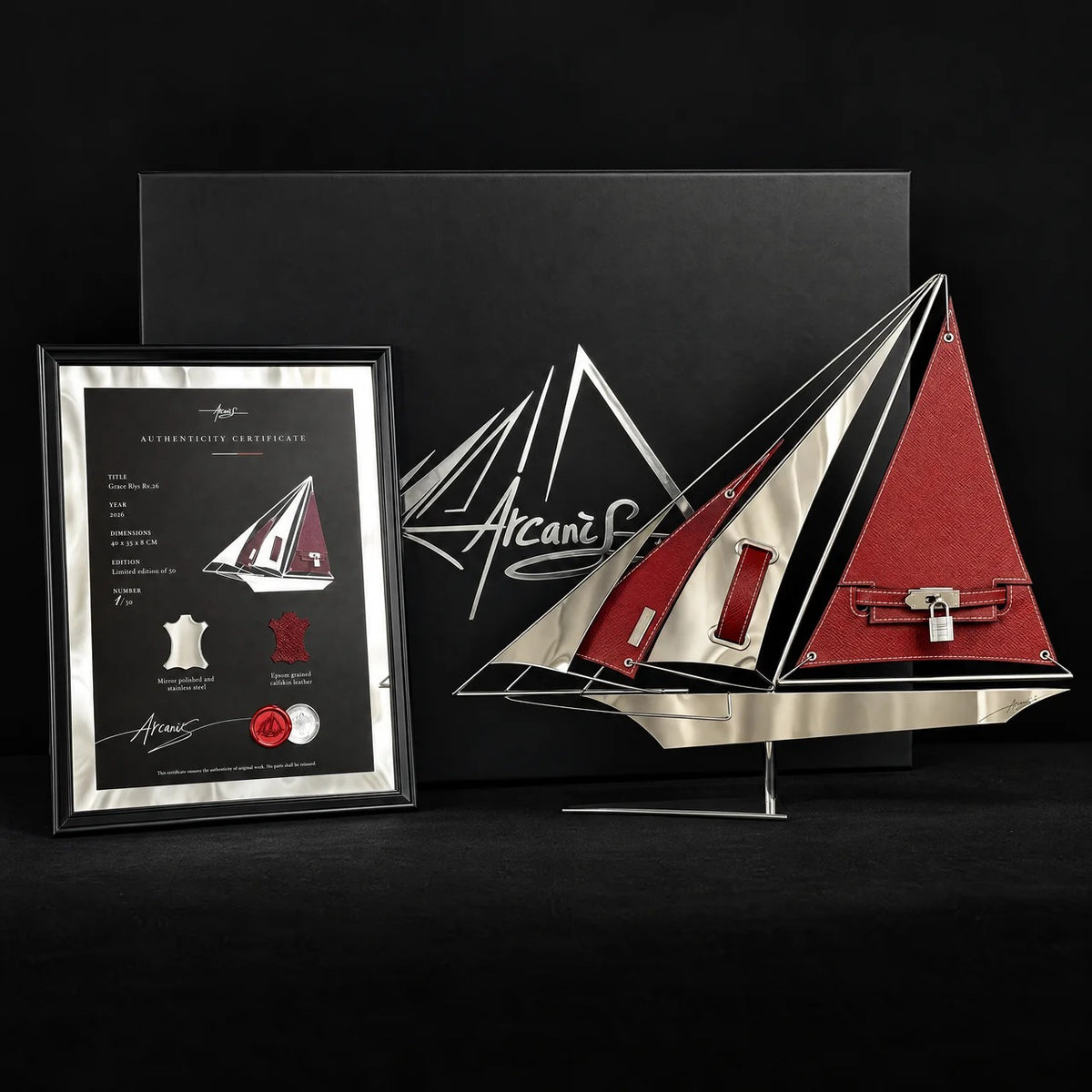 The Boat, fourth generation: Grace, its framed mirror certificate and presentation box